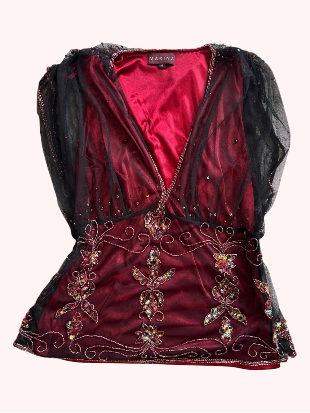 MARINA Burgundy Satin & Black Fully Beaded V-Neck Double Layered Blouse Size M